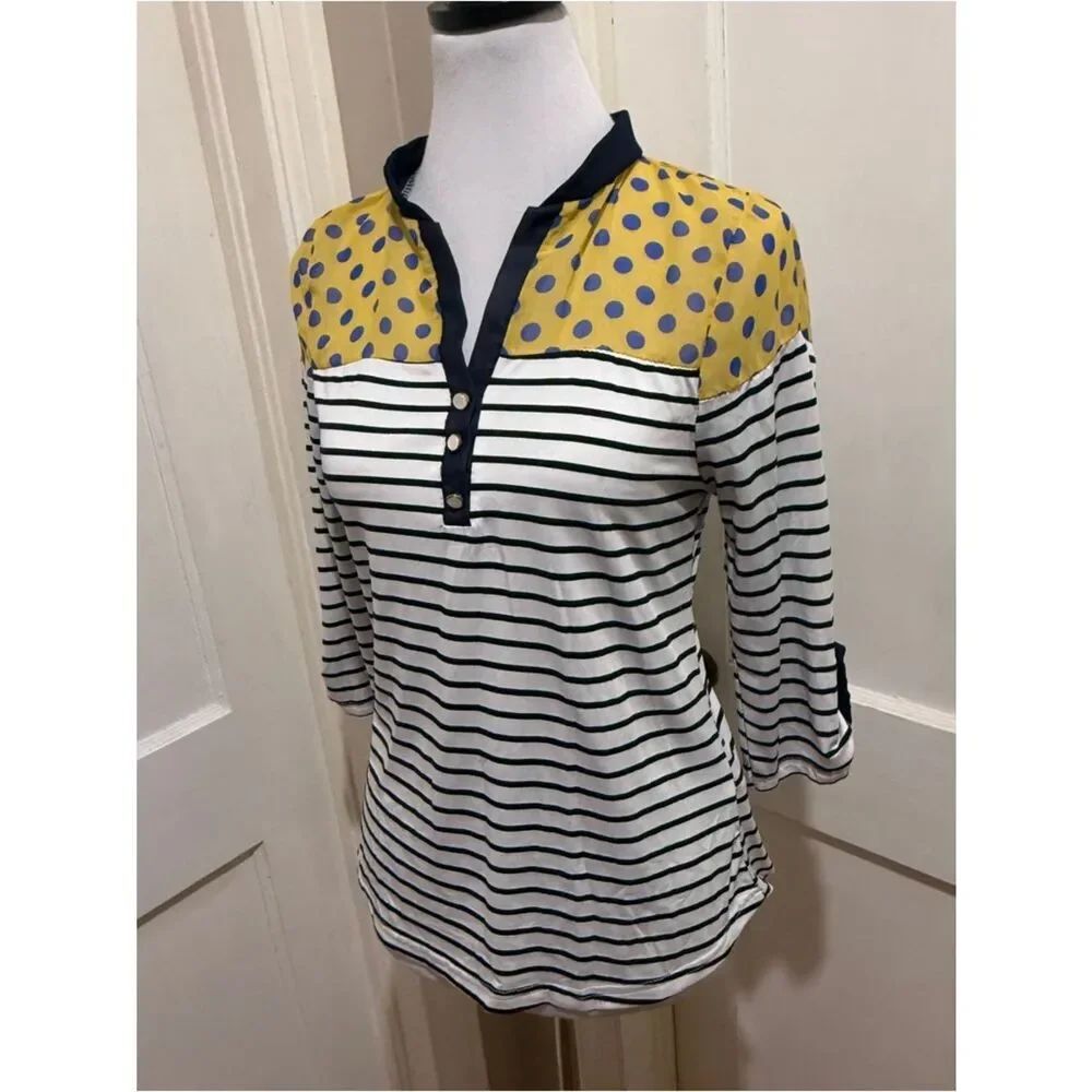 LA Girl Navy & White Striped Tunic with Yellow Polka-Dot Yoke